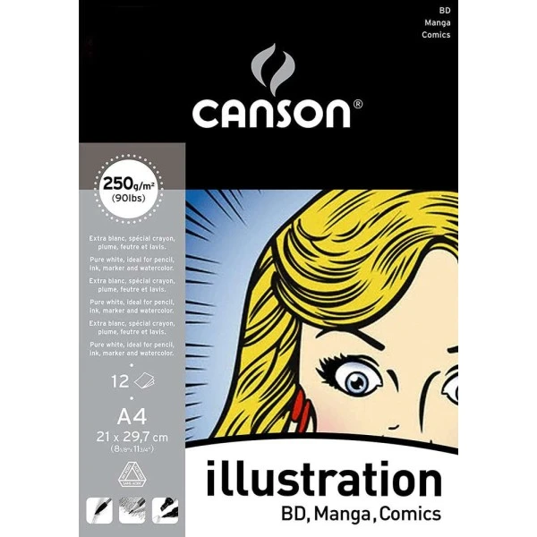 Canson Bloc "Illustration" BD, Manga, Comics, A4, 250 G/m² - Blanc