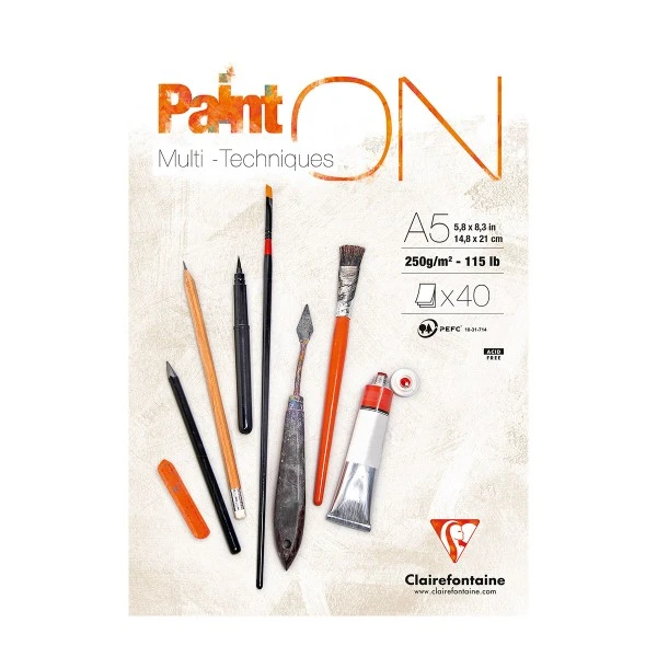CLAIREFONTAINE Bloc Papier Multi-techniques Paint'On A5 250 G - Blanc - 40 Feuilles