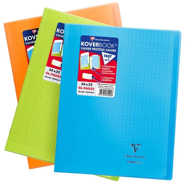 CLAIREFONTAINE Cahier Koverbook Grands-carreaux Avec Protège-cahier Intégré - 24 X 32 Cm - 96 Pages