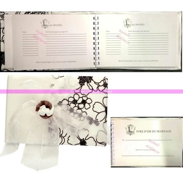 Doge Livre D'Or, Album Photo De Mariage, Décor Fleurs Velours Chocolat, Grosse Fleur Organza Ivoire, 30 F 3 Doge Livre D'Or, Album Photo De Mariage, Décor Fleurs Velours Chocolat, Grosse Fleur Organza Ivoire, 30 F