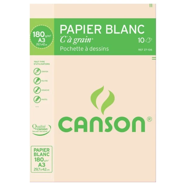 Pochette "Canson" A3 Grain C 180g. - Blanc